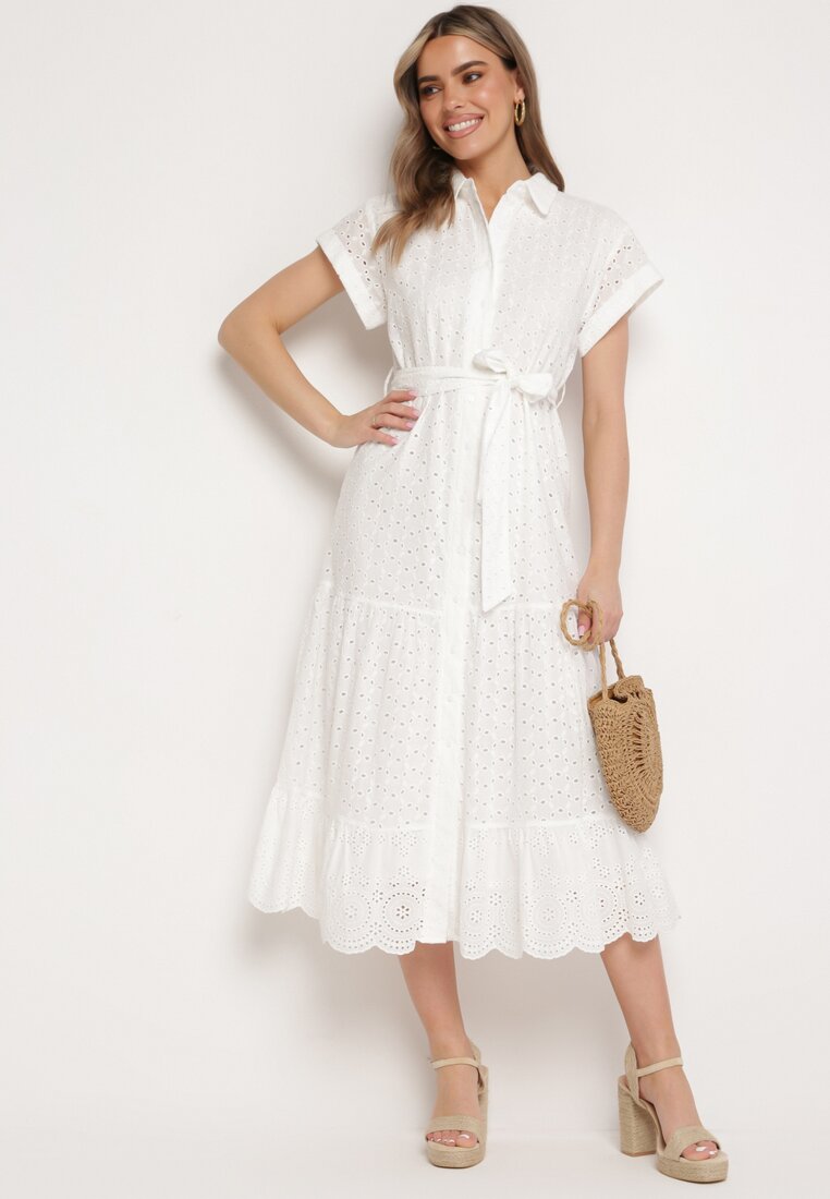 Rochie Albă de bumbac cu model ajurat și cu cordon legat Kelilena