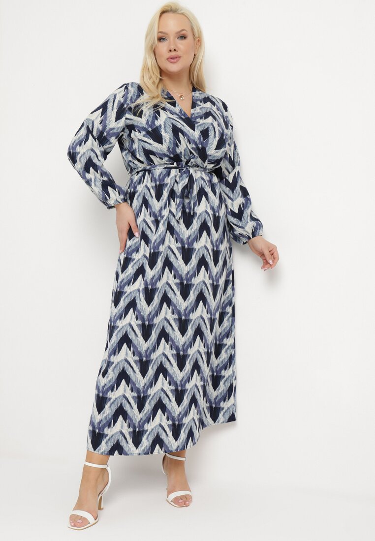 Rochie Albastră Evazată cu Decolteu Petrecut, cu Curea și Elastic în Talie Bristella