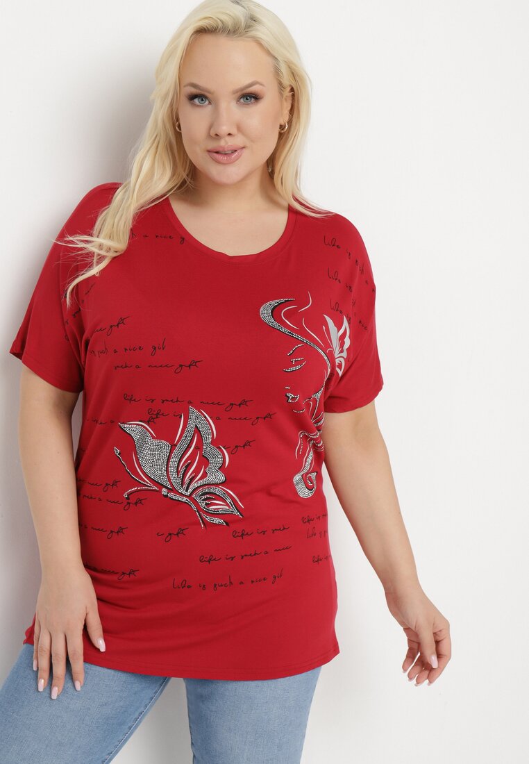 Tricou Bordeaux Decorat cu Strasuri și cu Imprimeu Wallilena