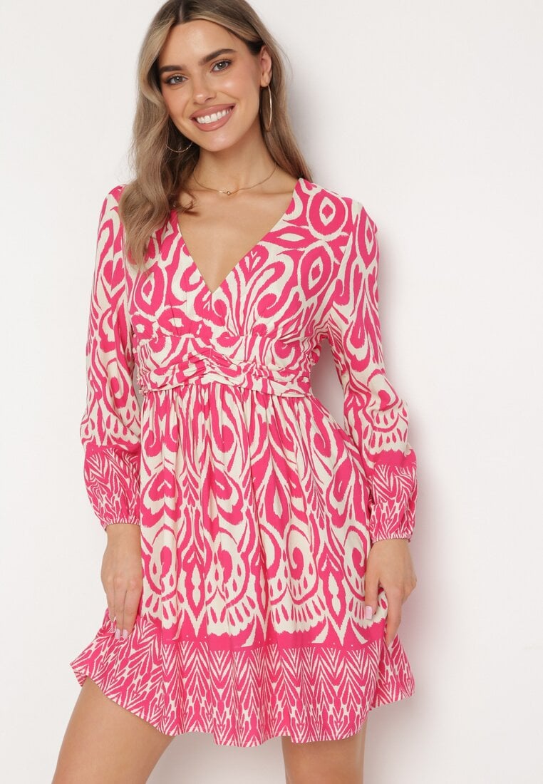 Rochie Roz-Albă Evazată din Viscoză cu Încrețire Decorativă și Elastic la Spate Jolilama