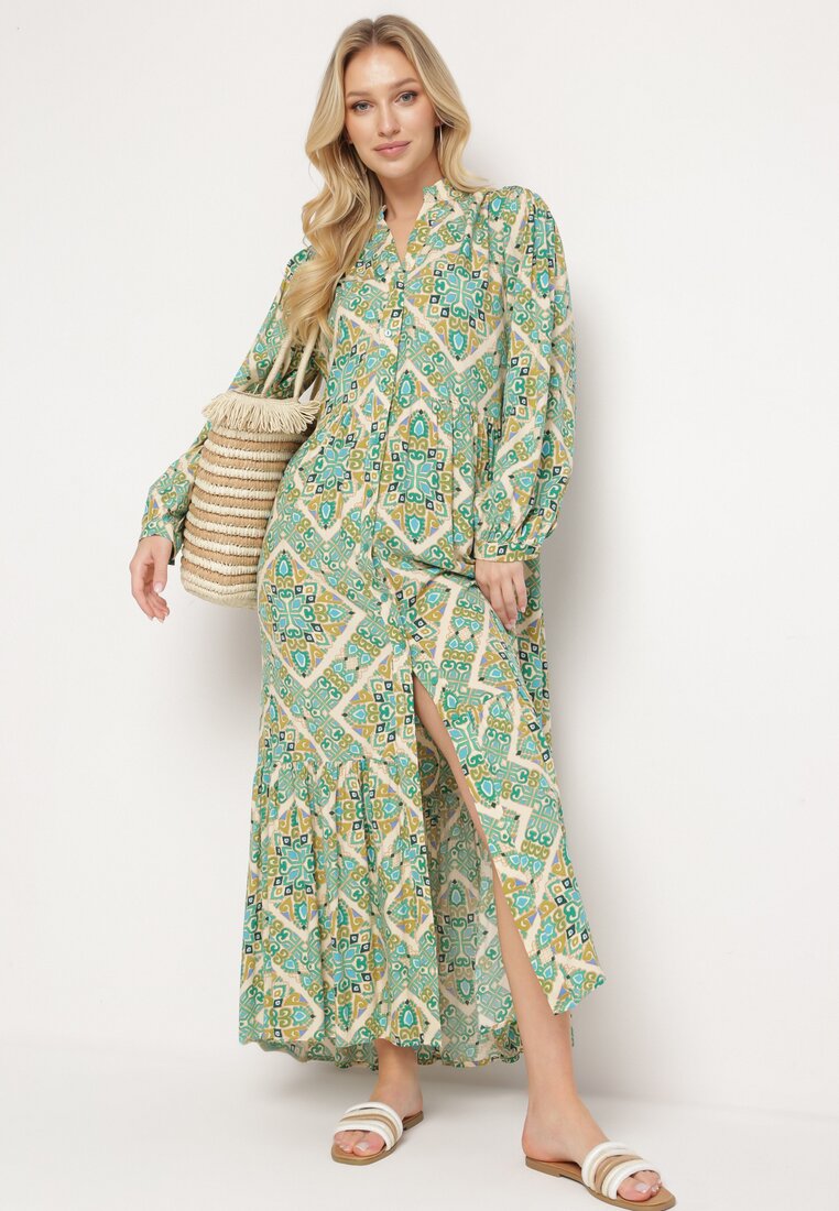 Rochie Cloș Verde din Vâscoză încheiată cu nasturi cu volane Nrines