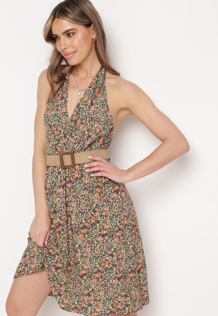 Rochie Verde de Viscoză cu Decolteu Petrecut Legată la Gât Varena