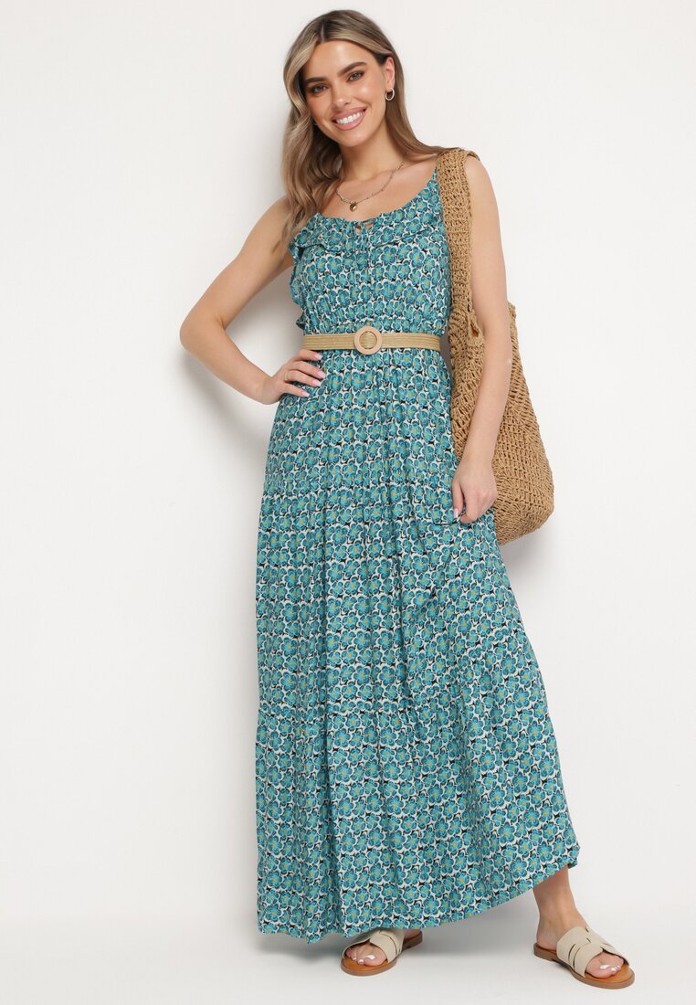 Rochie Albastră Vâscoză cu bretele reglabile și șiret la decolteu Srinesa