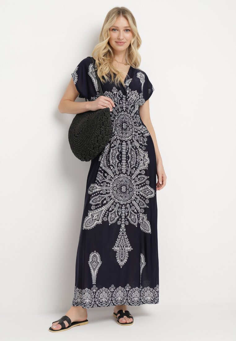 Rochie bleumarin cu model ornamental, cu decolteu petrecut și elastic în talie Elasevia