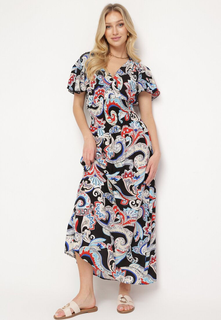 Rochie neagră din bumbac evazată cu decolteu petrecut cu imprimeu Paisley Varissa