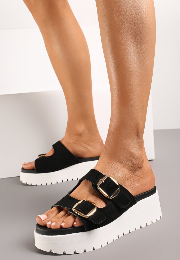 Papuci Negre pe pană și Catarame Mrisa