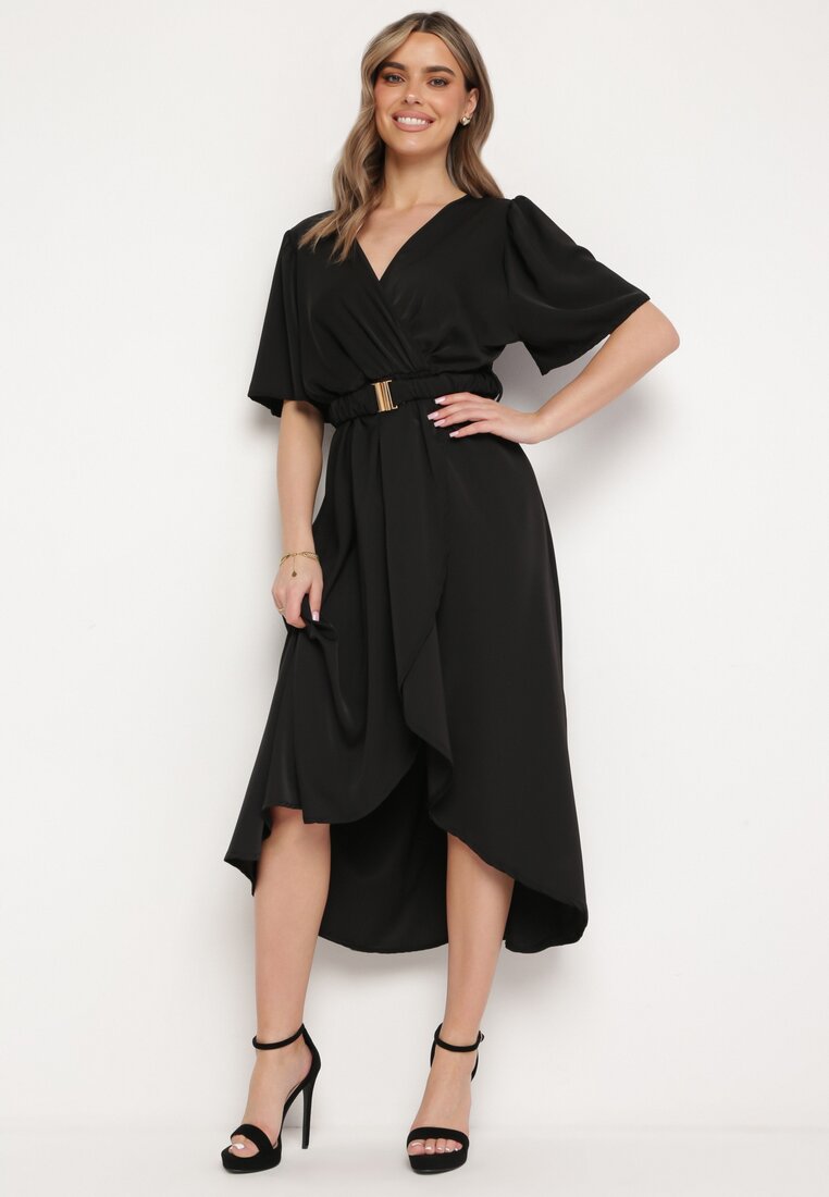 Rochie Neagră Cloș Petrecută cu Elastic în Talie și Curea Decorativă Vasena