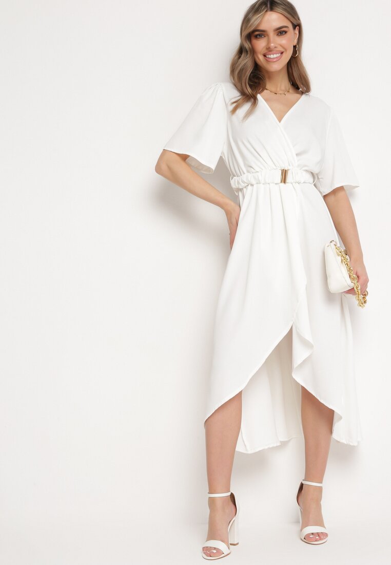 Rochie Evazată Albă Petrecută cu elastic în talie și curea decorativă Vasena