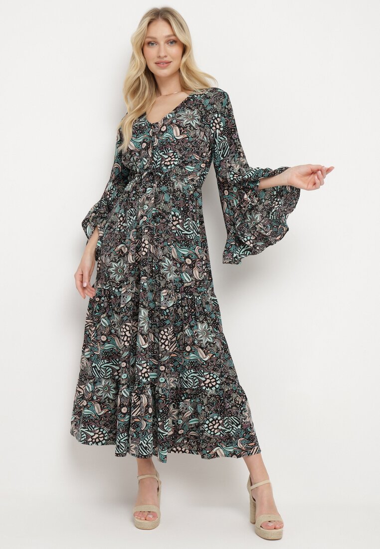 Rochie Negru-Verde Cloș cu Imprimeu Floral Decorată cu Volane Anavela