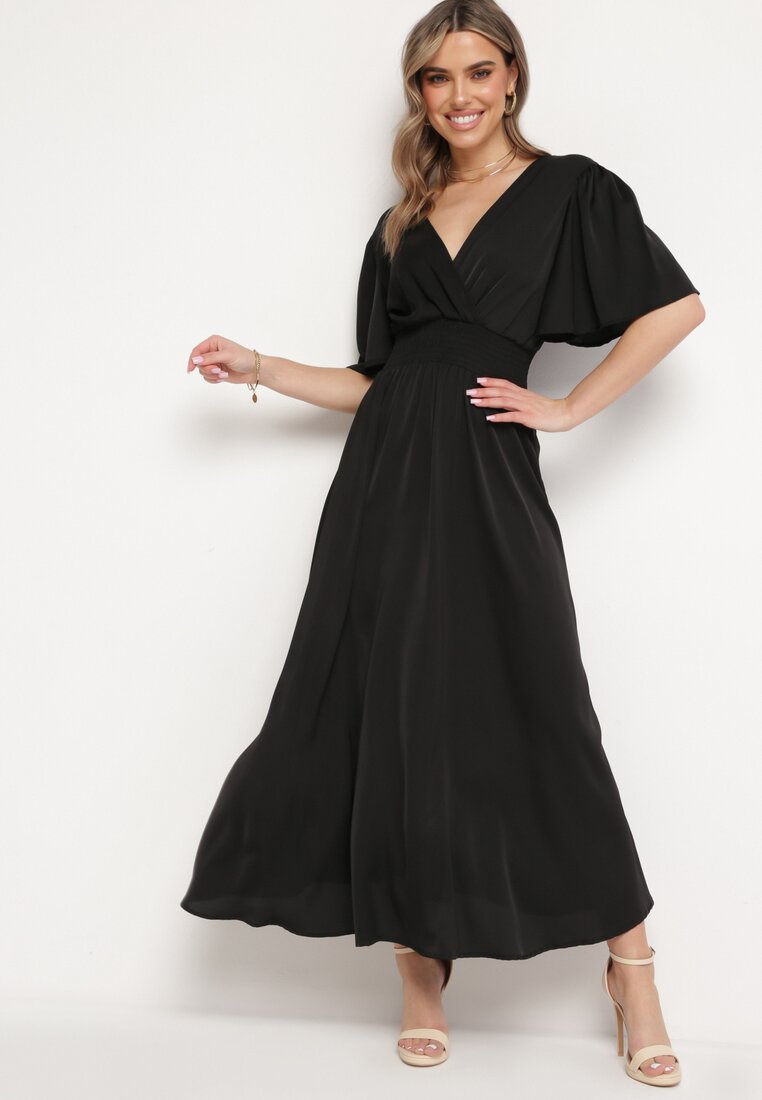 Rochie Neagră cu Mâneci Evazate, Elastic în Talie și Legătură la Spate Larielle