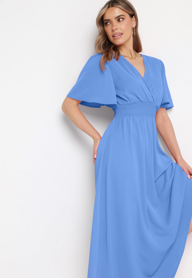 Rochie Albastră cu Mâneci Evazate Elastic în Talie și Legătură la Spate Larielle