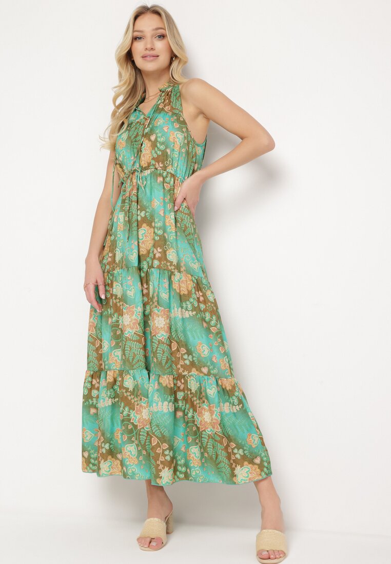 Rochie Verde Cintrată Florală cu elastic în talie și legătură la gât Lusaria