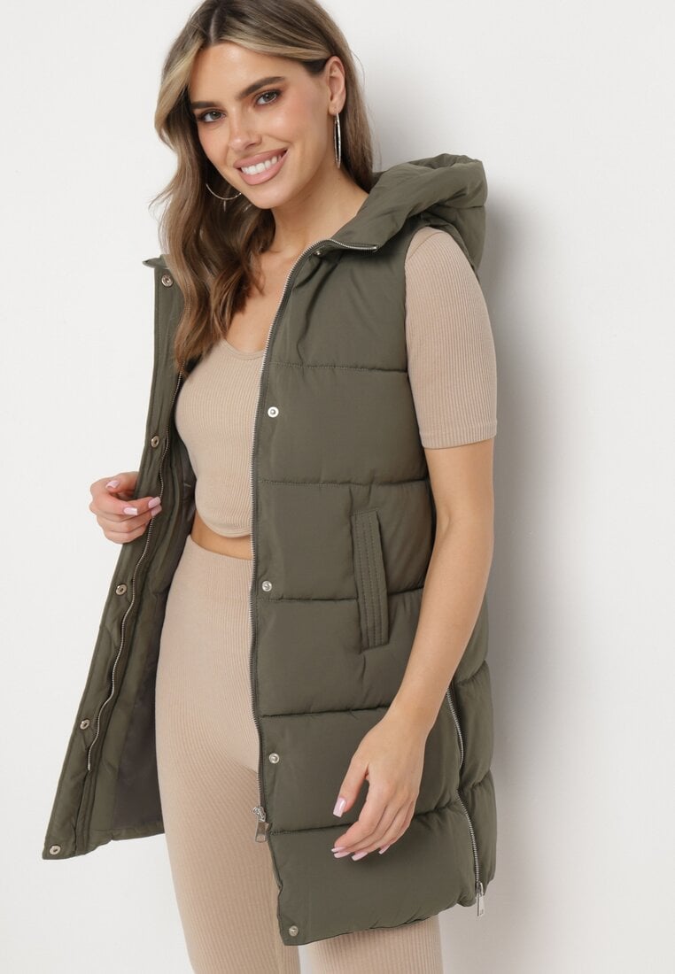 Vestă Verde Închisă Lungă Matlasată cu Glugă Fixă Celinesta