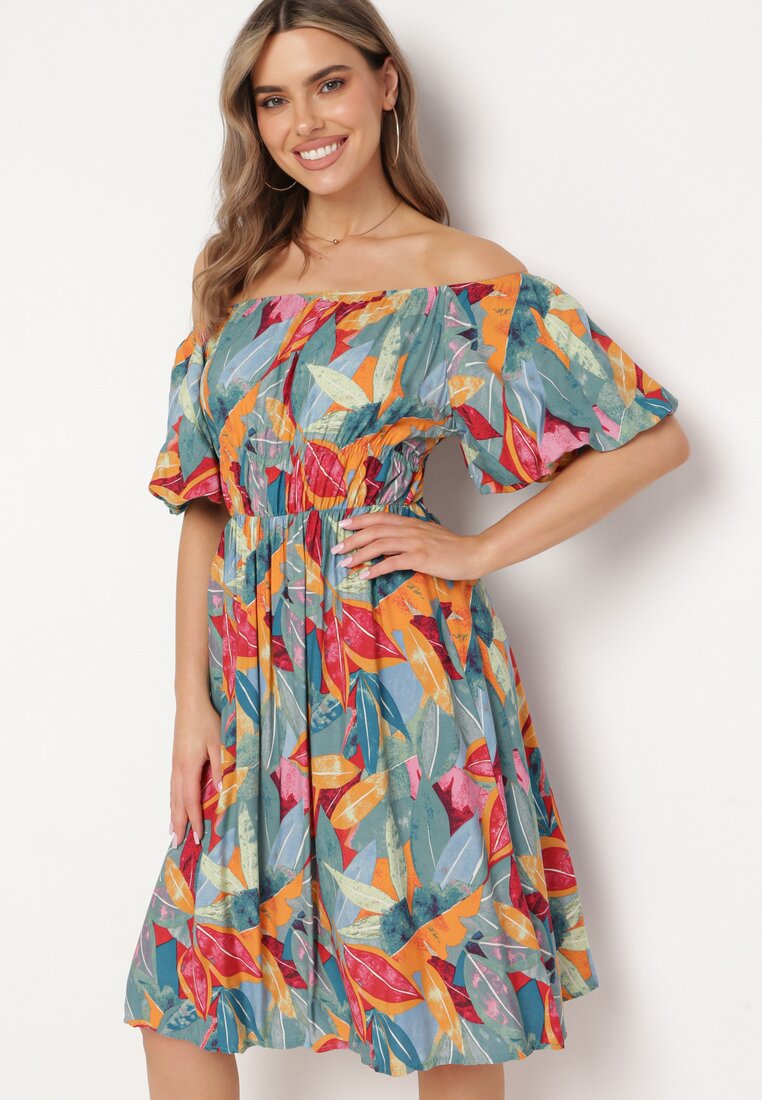 Rochie Verde-Portocalie din Viscoză Cloche cu Mâneci Bufante și Elastic în Talie Biatala