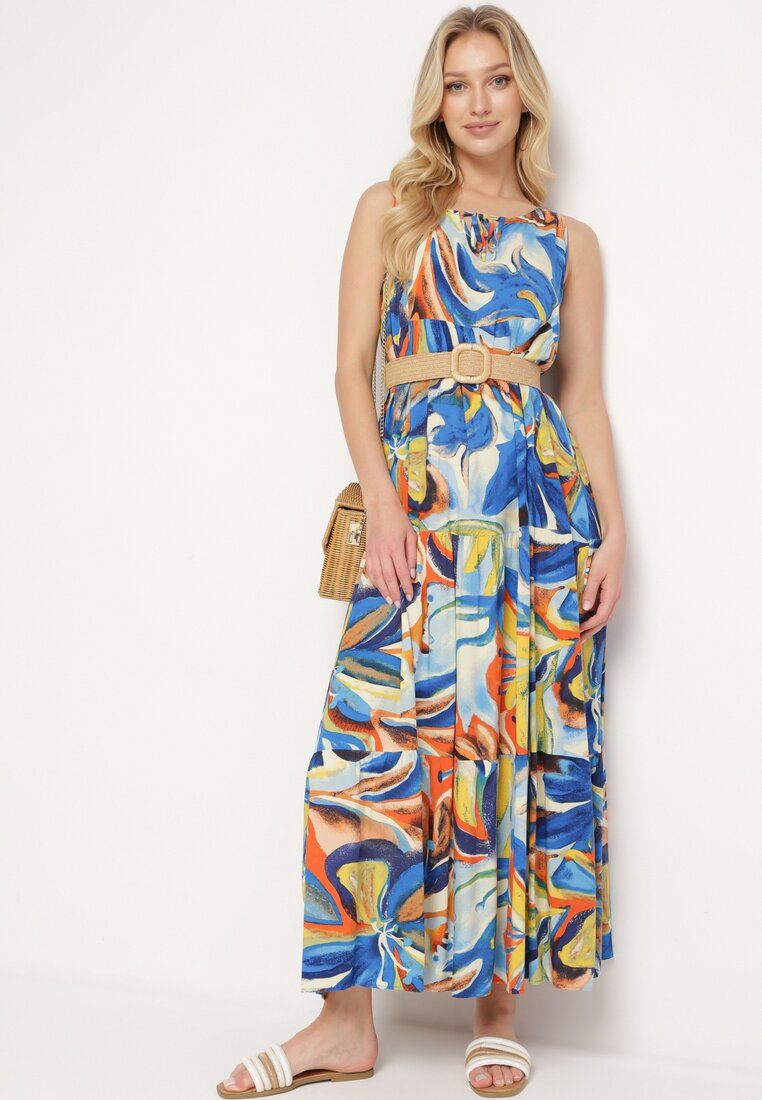 Rochie Albastru-Galben Fără Mâneci Legată la Decolteu Cu Volan Ușor Jovilla