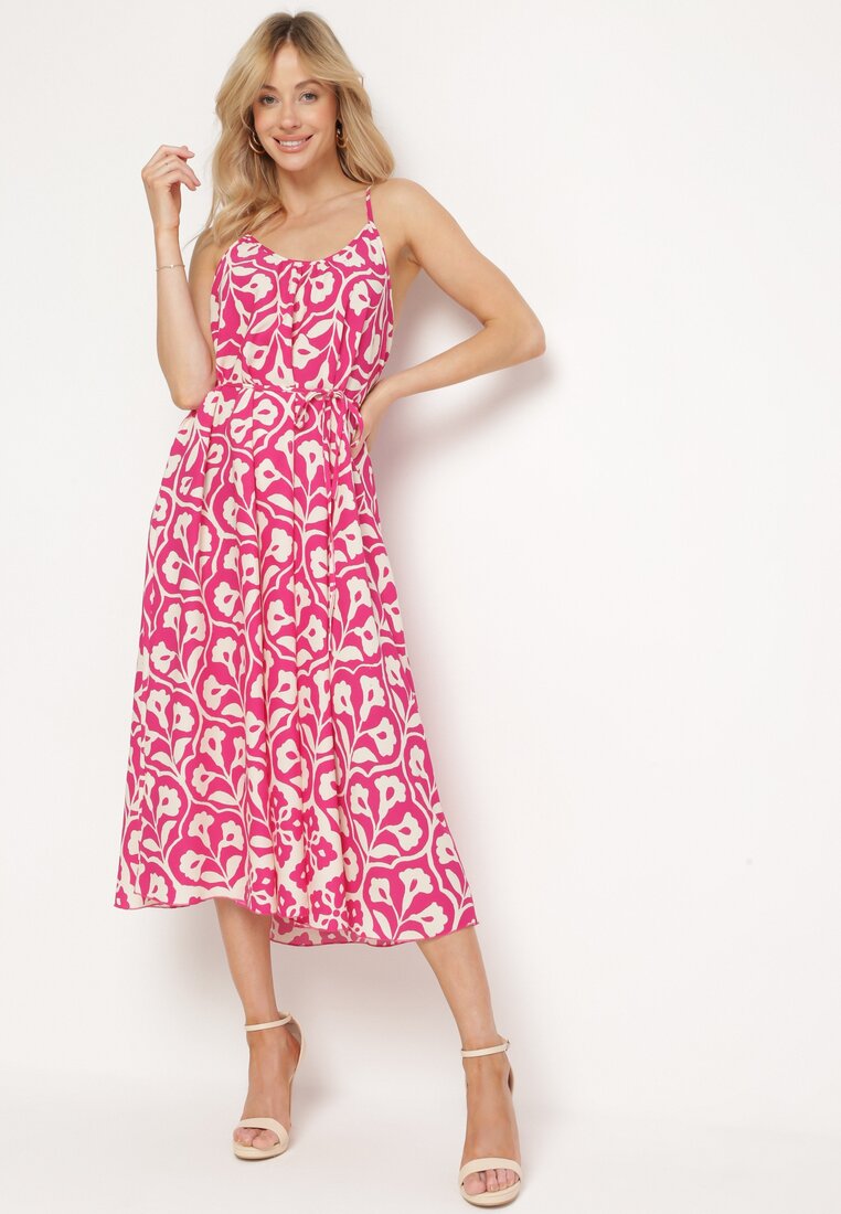 Rochie Fucsia cu bretele subțiri croi trapezoidal cu șnur Cavriella