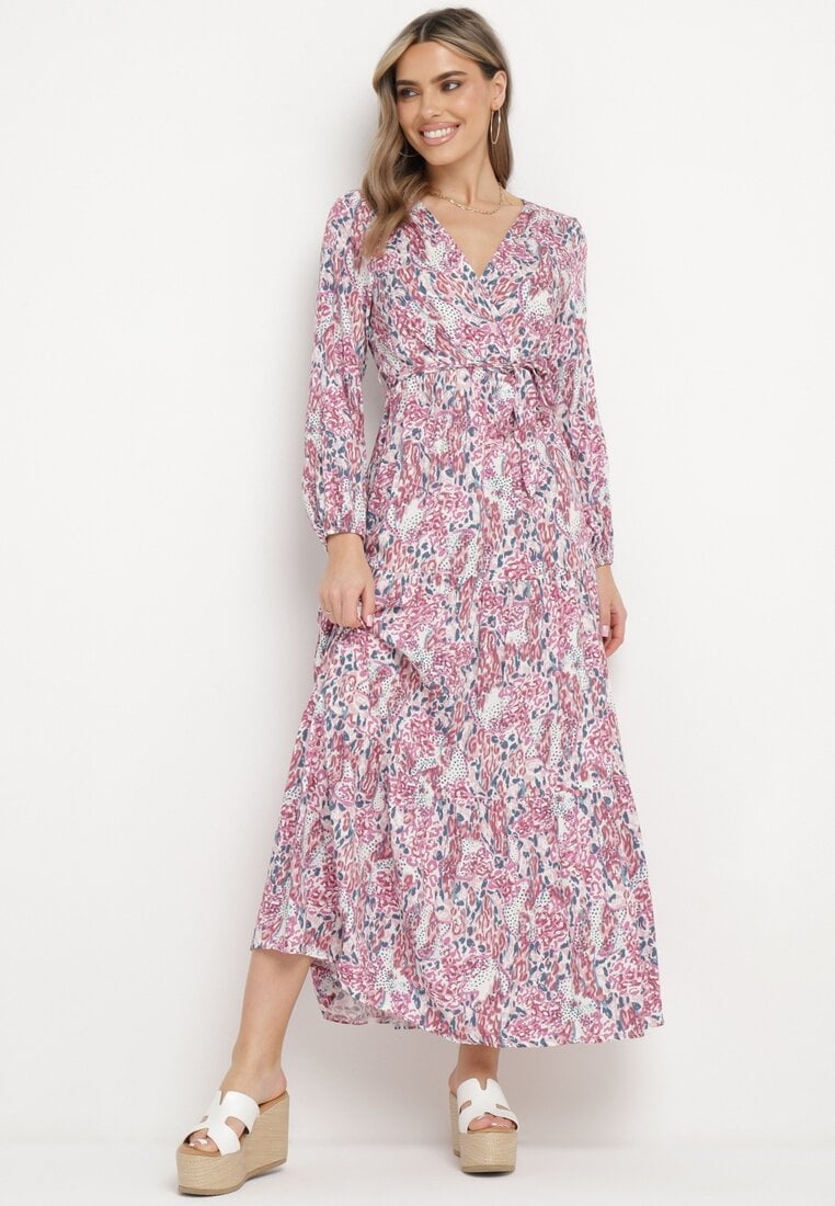 Rochie Alb-Roz din viscoză cu decolteu petrecut și curea din material cu elastic în talie Fiarina