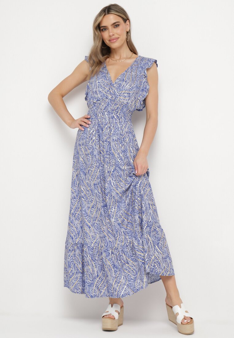 Rochie Albastră din Bumbac cu Imprimeu Metalic cu Elastic în Talie cu Decolteu Petrecut Folie