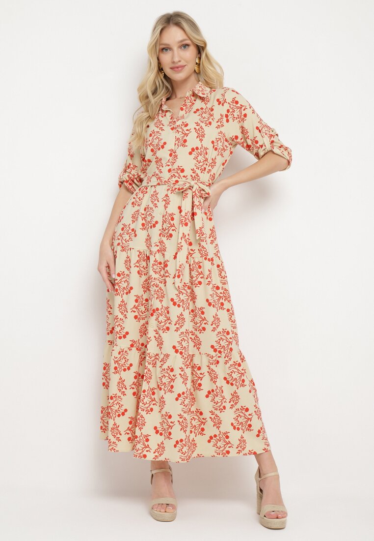 Rochie cămașă bej deschis cu mâneci rulate încheiată cu nasturi cu cordon în talie Illnara