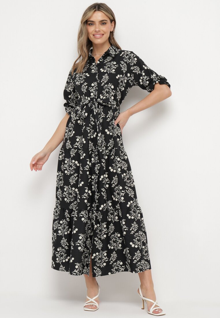 Rochie cămașă Neagră cu Mâneci Suflecate cu Nasturi cu Centură în Talie Illnara