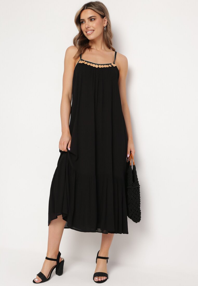 Rochie Neagră din Viscoză cu Bretele, Decorată cu Paiete și Fir Metalic Comalara