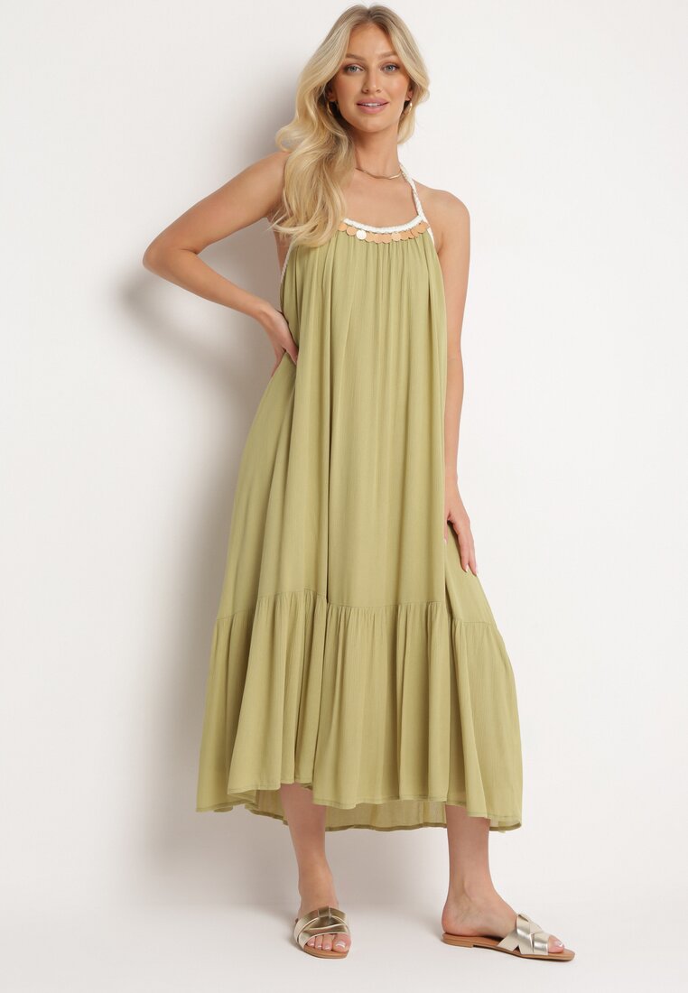 Rochie Viscoză Verde cu Bretele Decorată cu Paiete și Fir Metalic Comalara