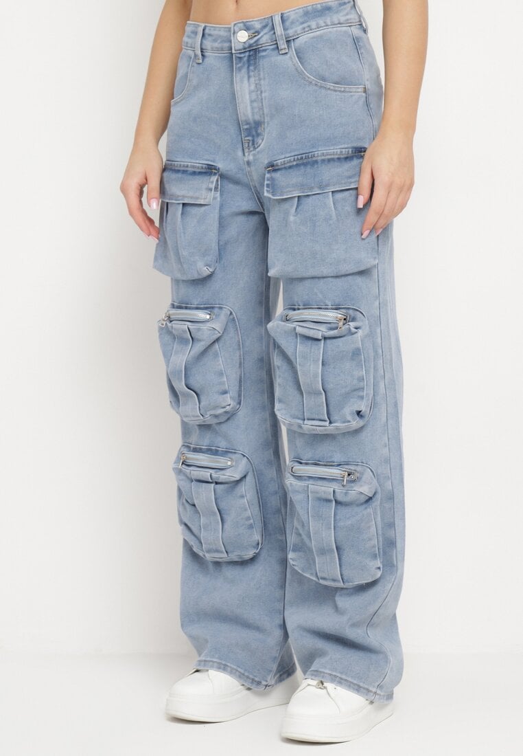 Pantaloni Albaștri cu Crăci Drepți și Largi, cu Multe Buzunare Liafina