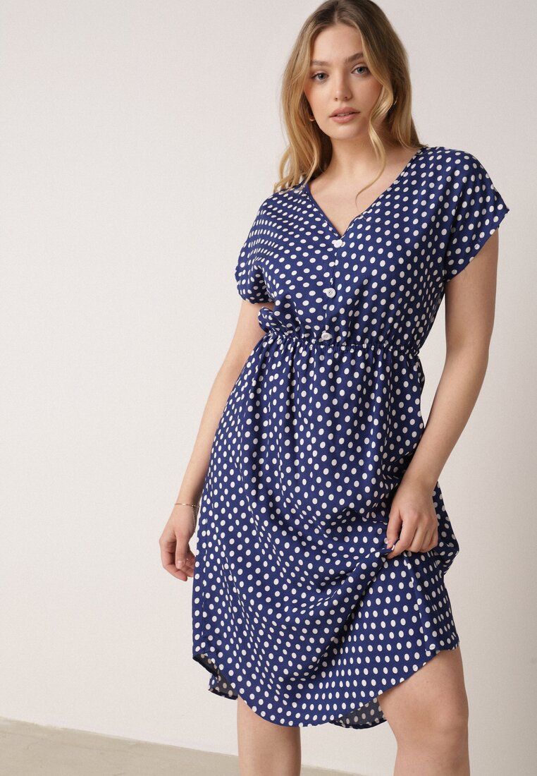 Rochie bleu-marin din bumbac cu elastic în talie și volănaș Romilla