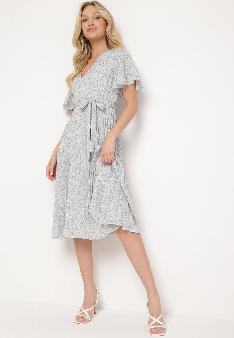 Rochie Bej-Violet Cloș cu Elastic în Talie și Cordon din Material Prissa