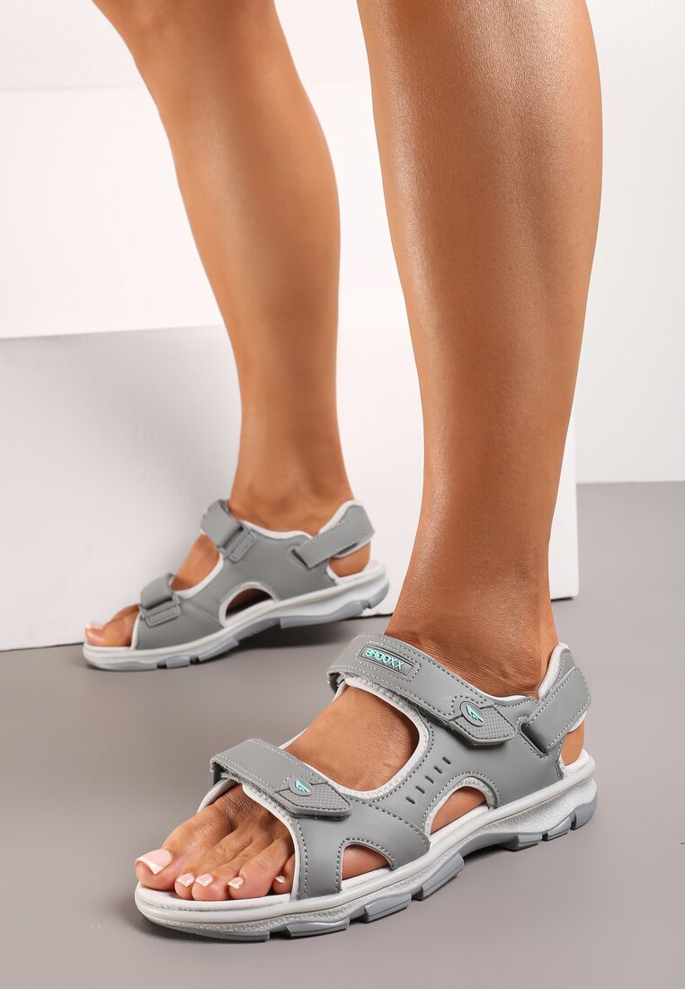 Sandale Plate Gri-Mentă în Stil Sportiv Prinse cu Scai la Gleznă și Metatars cu Branț din Piele Daffilla