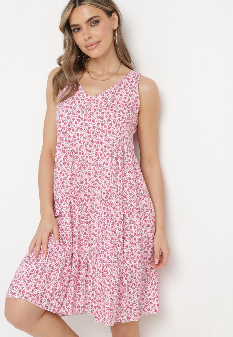 Rochie Roz din bumbac cu flori cu volane Rissafa