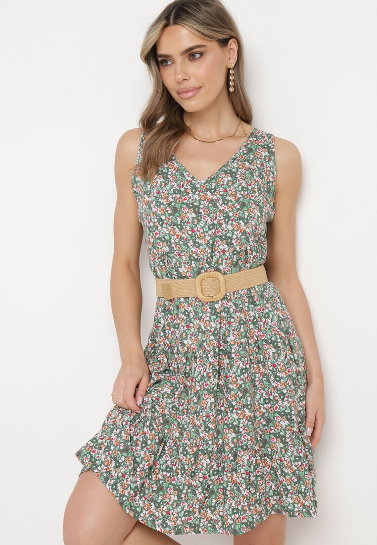 Rochie Verde-Roz De bumbac Fără mâneci De vară Biazena