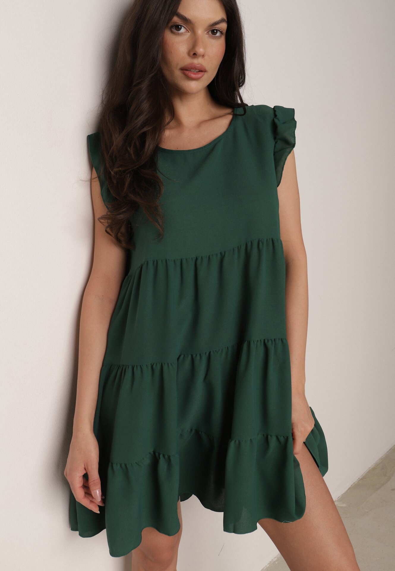 Rochie Cloș Verde închisă cu Volane Închisă la gât Rettesa