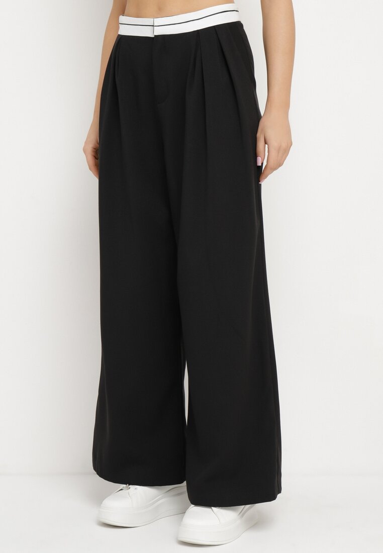 Pantaloni negri de vâscoză Palazzo cu talie înaltă și fermoar Fomilia