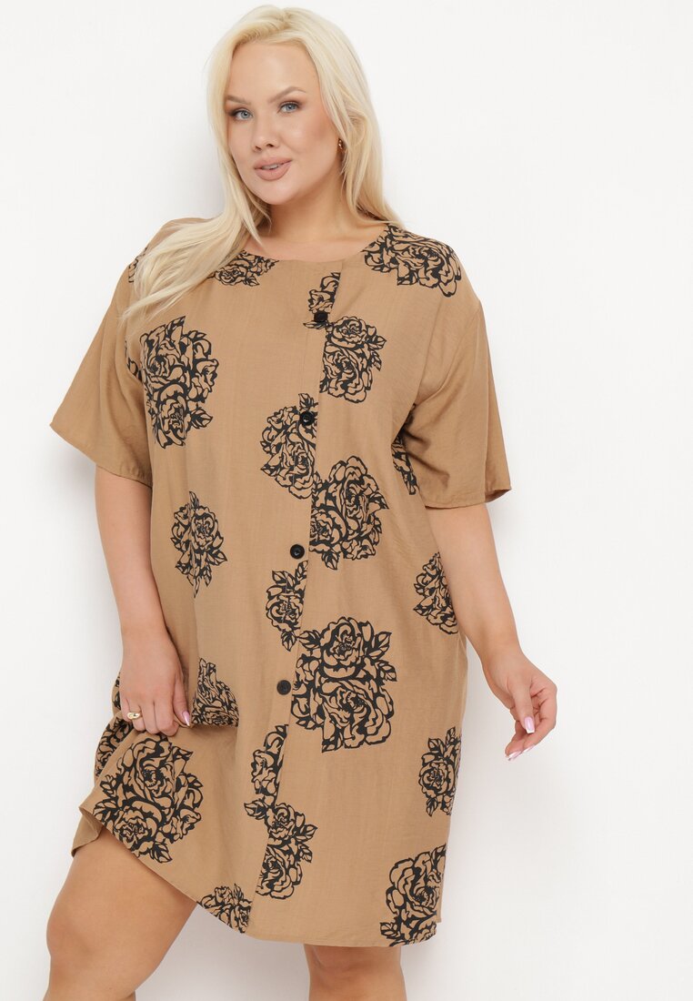 Rochie din bumbac Maro deschis cu mânecă scurtă cu buzunare și nasturi Bellilla