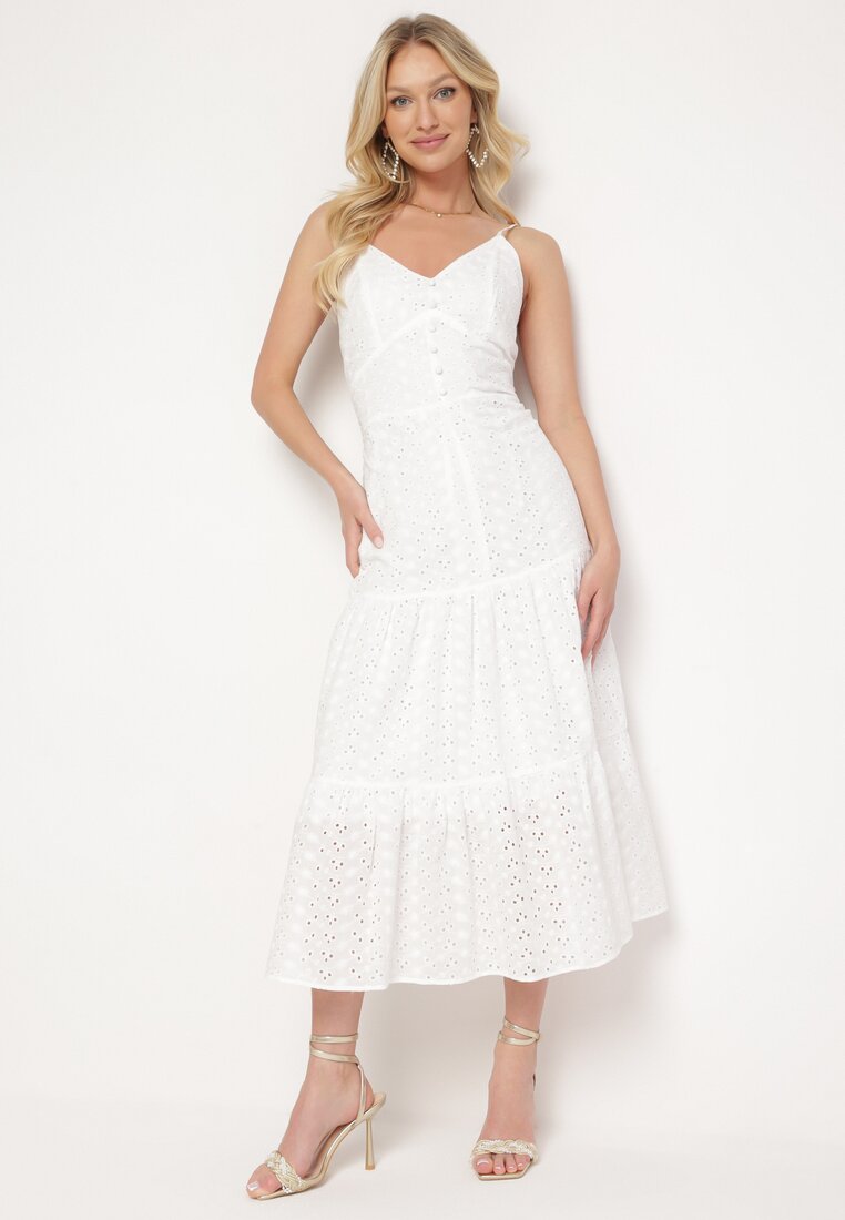 Rochie Albă din bumbac cu bretele subțiri din țesătură brodată cu elastic la spate Nellarae