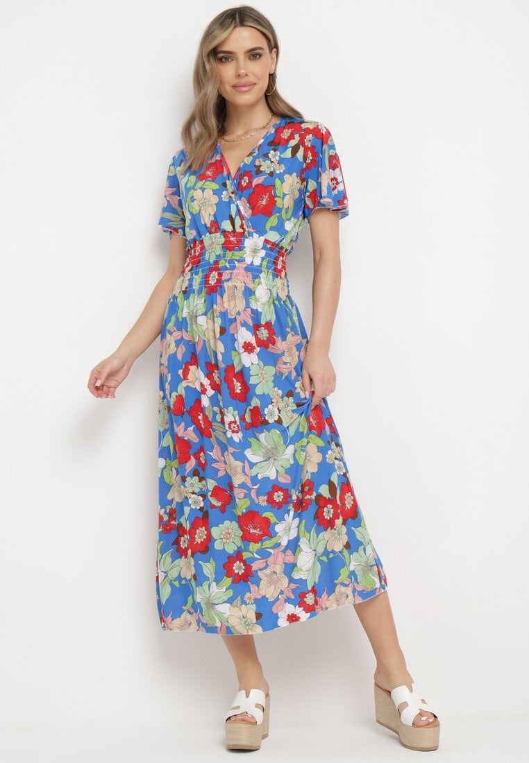 Rochie Albastră Florală cu decolteu petrecut și talie elastică Lomanda