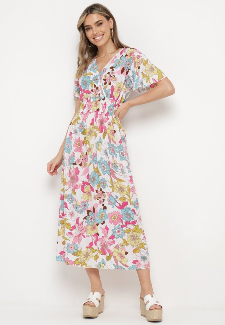 Rochie Alb-Roz cu flori cu decolteu petrecut și elastic în talie Lomanda