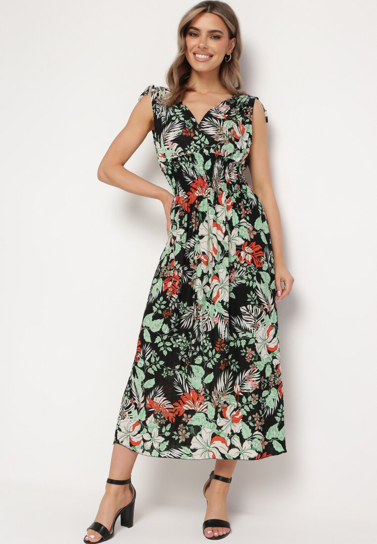 Rochie Neagră-Verde cu decolteu petrecut cu imprimeu floral cu elastic în talie Fionessa