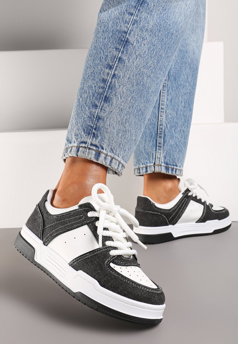 Sneakers negru-alb până la gleznă din piele ecologică cu talpă groasă și plată și șireturi