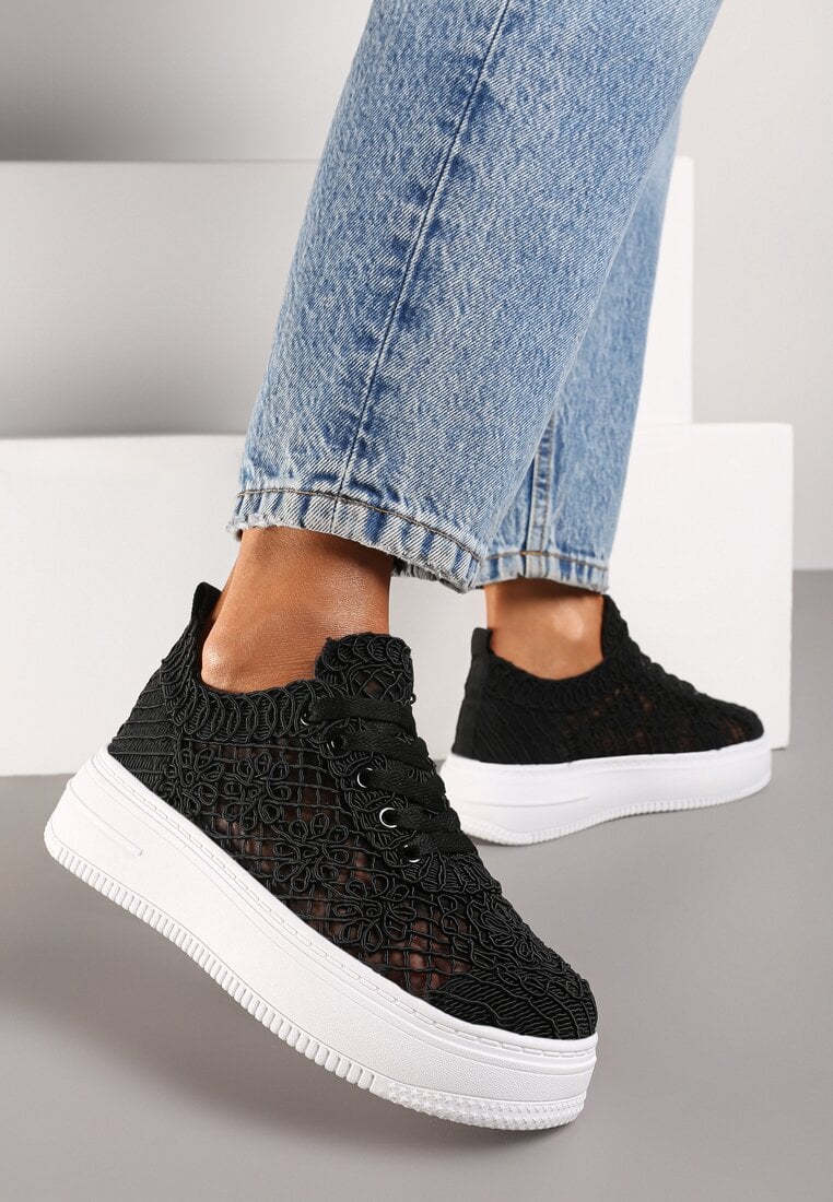 Sneakers Negri pe Talpă Groasă cu Față Perforată sub Gleznă Harae