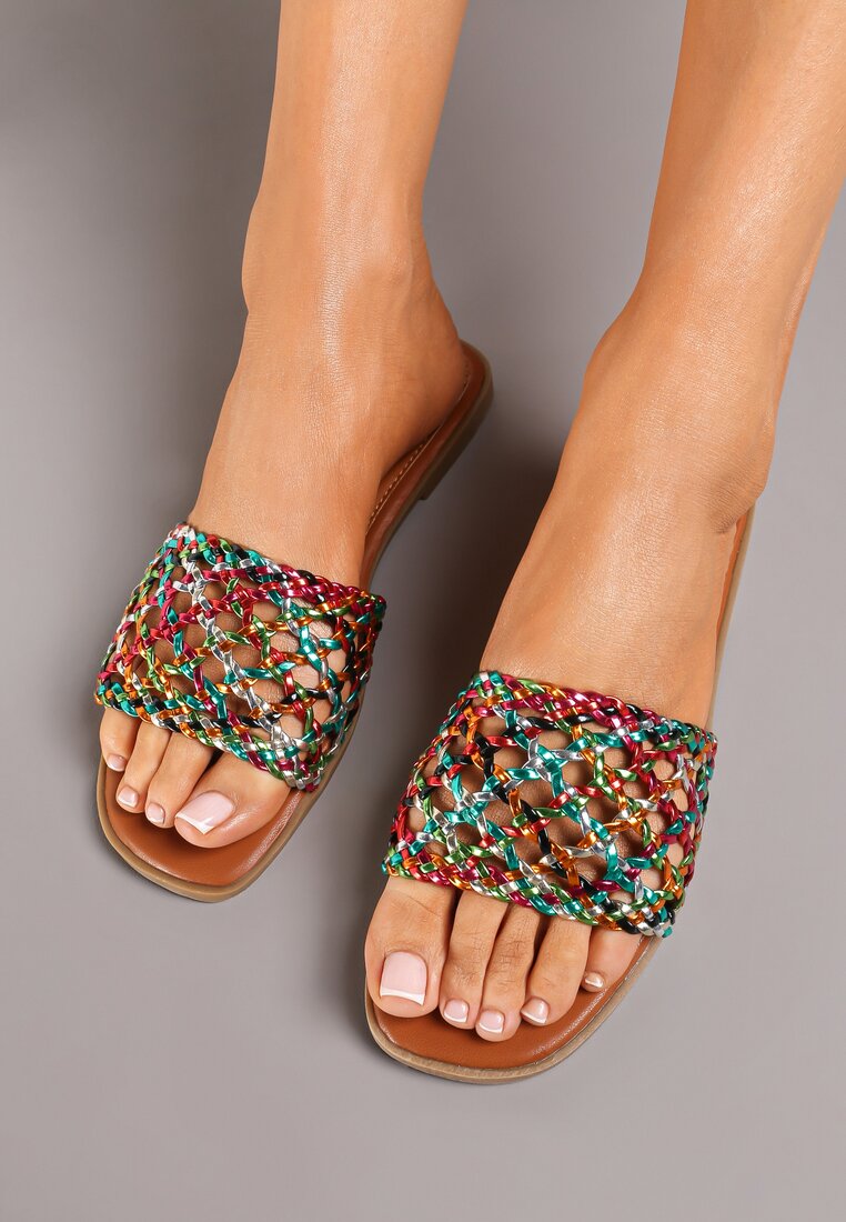 Papuci Plati Albastru-Roz cu Curea Lată Împletită Laviala