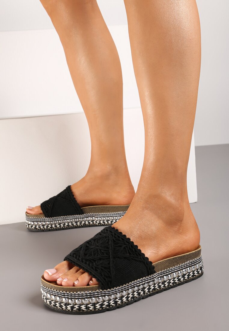 Papuci Negri cu Brant din Piele ecologică cu Talpă înconjurată cu Împletitură și Capse Haniara