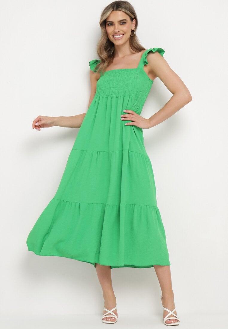 Rochie Verde cu bretele cu volane cu croi evazat Ebisena