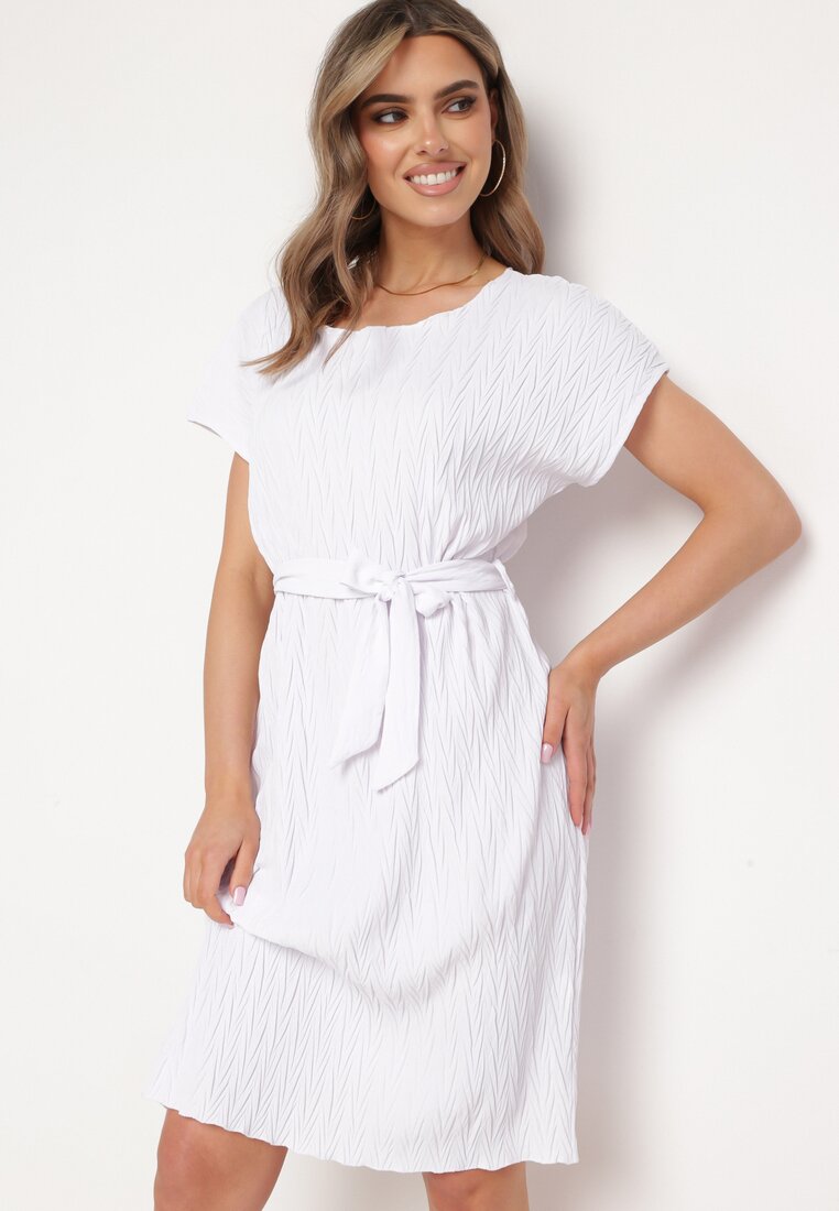 Rochie Albă cu Mânecă Scurtă și Curea din Material Ellata