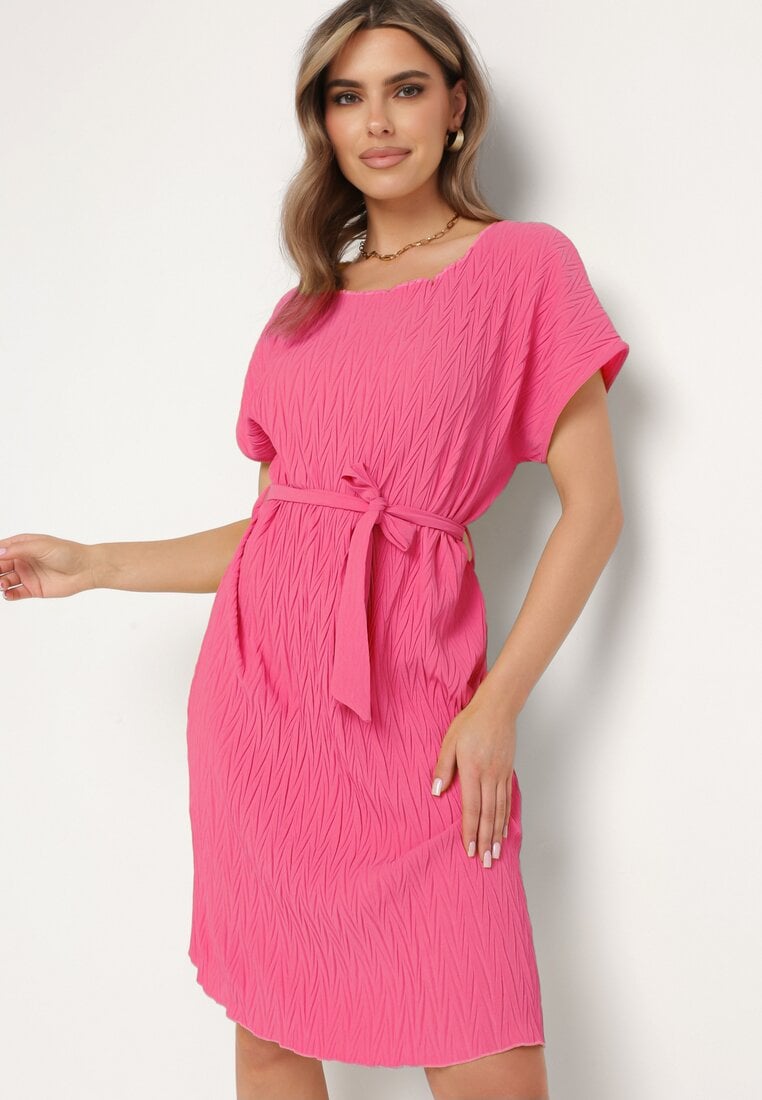 Rochie Fucsia cu Mânecă Scurtă și Curea din Material Ellata