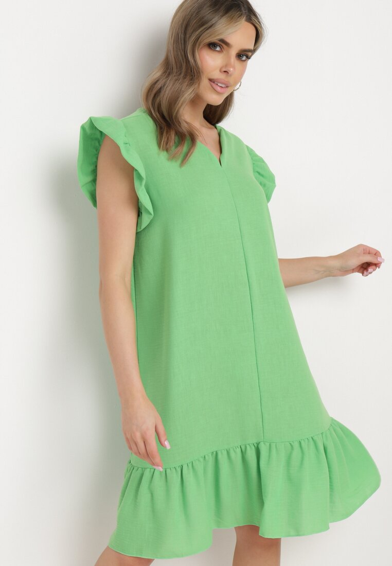 Rochie Verde deschis Evazată cu Volănaș la Tivă și la Mâneci Biojara