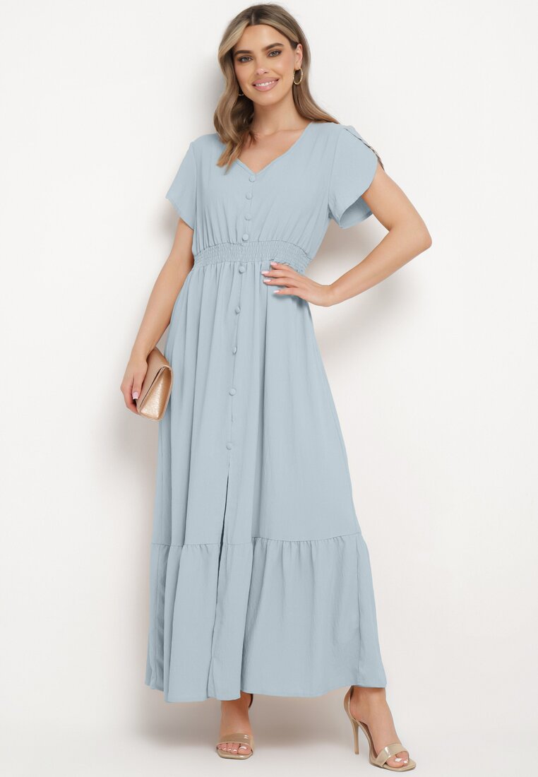 Rochie Albastru deschis cu Elastice subțiri în Talie Decorată cu Nasturi cu Slit și Volan Farcia