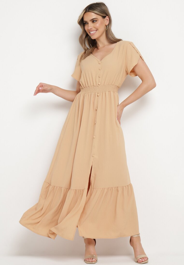 Rochie bej închis cu elastice subțiri în talie decorată cu nasturi cu fentă și volan Farcia