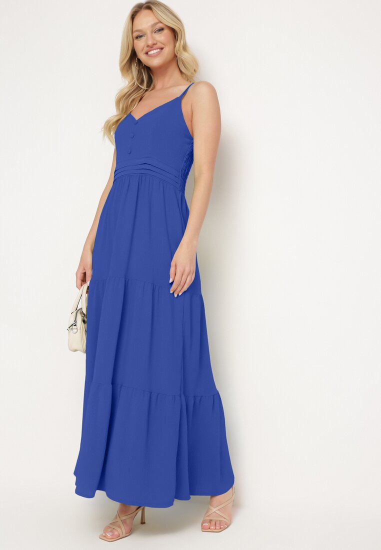 Rochie Bleumarin cu Bretele Reglabile cu Elastic în Talie Ebisina